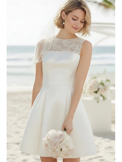 A-Line Mermaid Trumpet Short Mini White Dress Wedding Dresses Bridal Shower Dresses Bridal Gown Elegant Little White Dresses Sleeveless Crew Neck Wedding Graduation Satin Lace with Lace Pleats