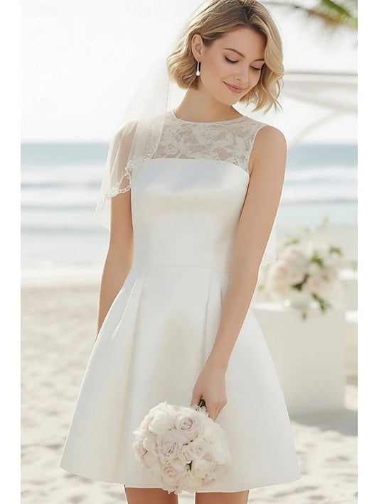 A-Line Mermaid Trumpet Short Mini White Dress Wedding Dresses Bridal Shower Dresses Bridal Gown Elegant Little White Dresses Sleeveless Crew Neck Wedding Graduation Satin Lace with Lace Pleats