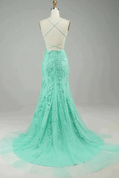 Mermaid Blue Long Prom Dress Backless Evening Dress