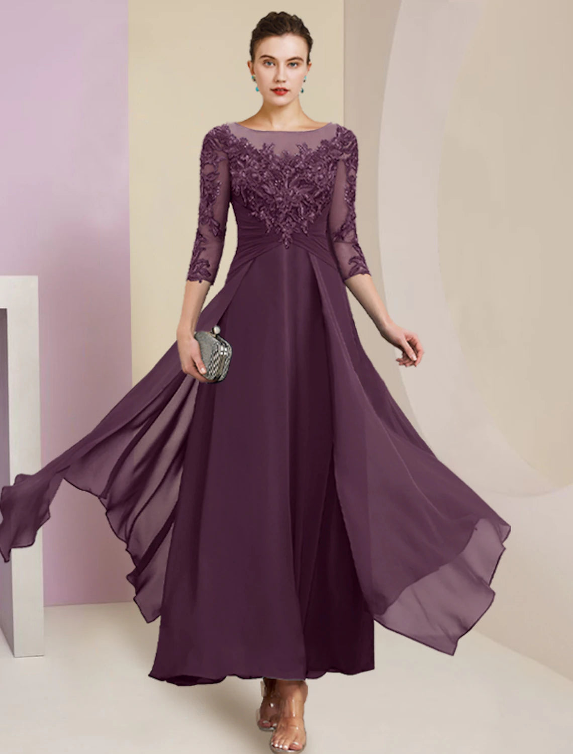 Sheath / Column Mother of the Bride Dress Wedding Guest Elegant Simple Jewel Neck Ankle Length Chiffon Lace 3/4 Length Sleeve with Pleats Sequin