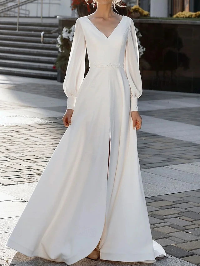 Casual Wedding Dresses A-Line V Neck Long Sleeve Floor Length Stretch Crepe Wedding Guest Dress Simple Bridal Gowns With Beaded Waist Belt
