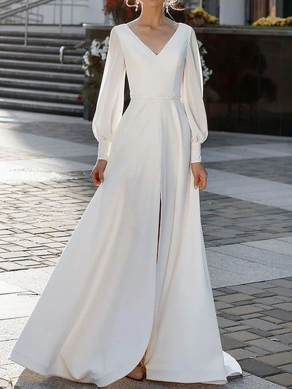 Casual Wedding Dresses A-Line V Neck Long Sleeve Floor Length Stretch Crepe Wedding Guest Dress Simple Bridal Gowns With Beaded Waist Belt