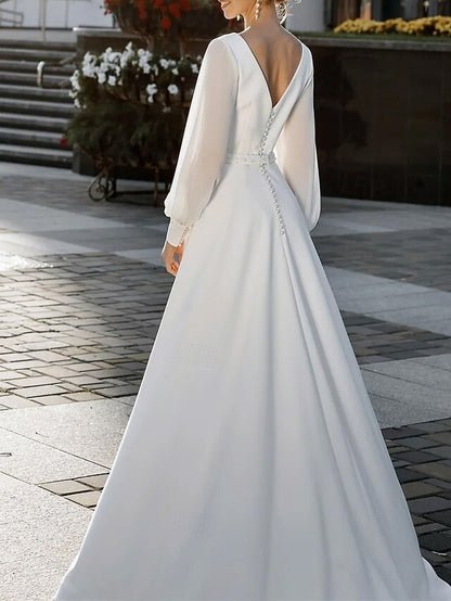 Casual Wedding Dresses A-Line V Neck Long Sleeve Floor Length Stretch Crepe Wedding Guest Dress Simple Bridal Gowns With Beaded Waist Belt
