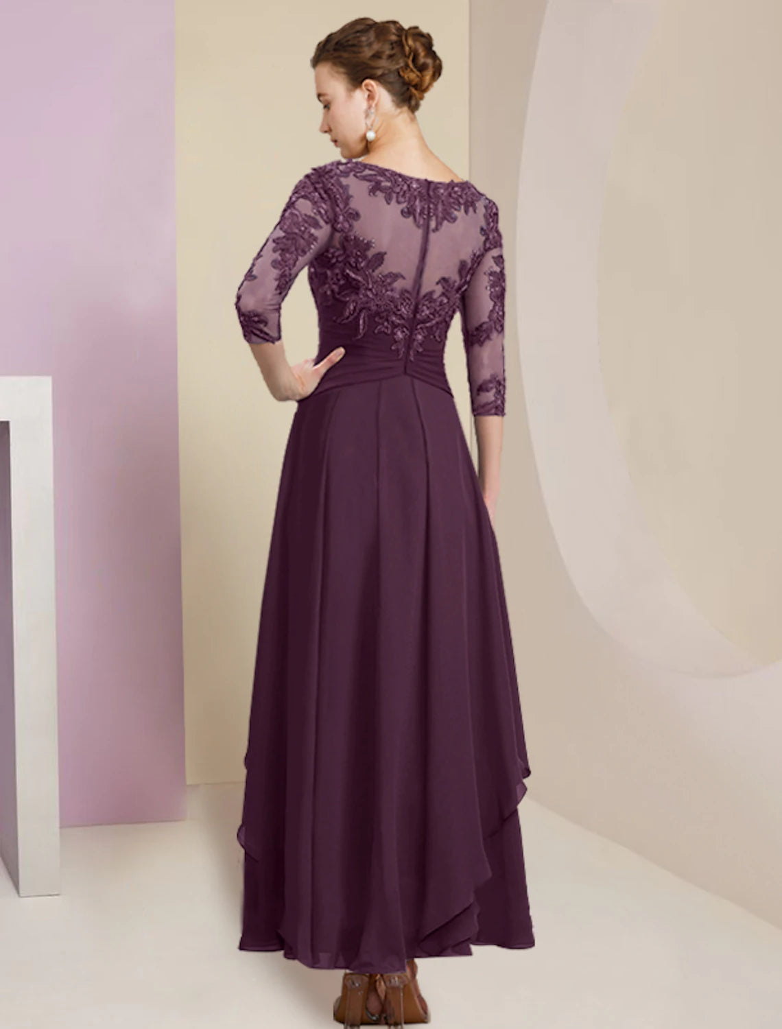 Sheath / Column Mother of the Bride Dress Wedding Guest Elegant Simple Jewel Neck Ankle Length Chiffon Lace 3/4 Length Sleeve with Pleats Sequin