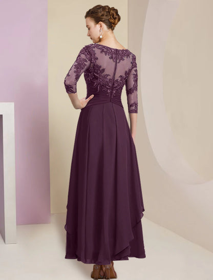 Sheath / Column Mother of the Bride Dress Wedding Guest Elegant Simple Jewel Neck Ankle Length Chiffon Lace 3/4 Length Sleeve with Pleats Sequin