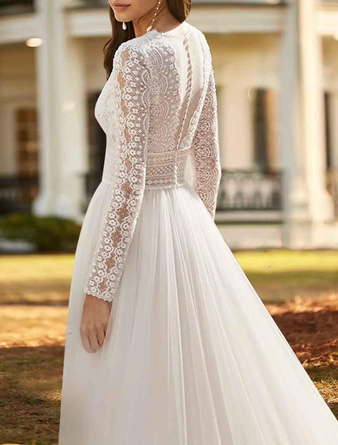 Beach Wedding Beach Boho Wedding Dresses A-Line V Neck Long Sleeve Court Train Lace Bridal Gowns With Split Front