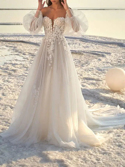 Beach Wedding Beach Formal Wedding Dresses A-Line Off Shoulder Long Sleeve Court Train Lace Bridal Gowns With Appliques
