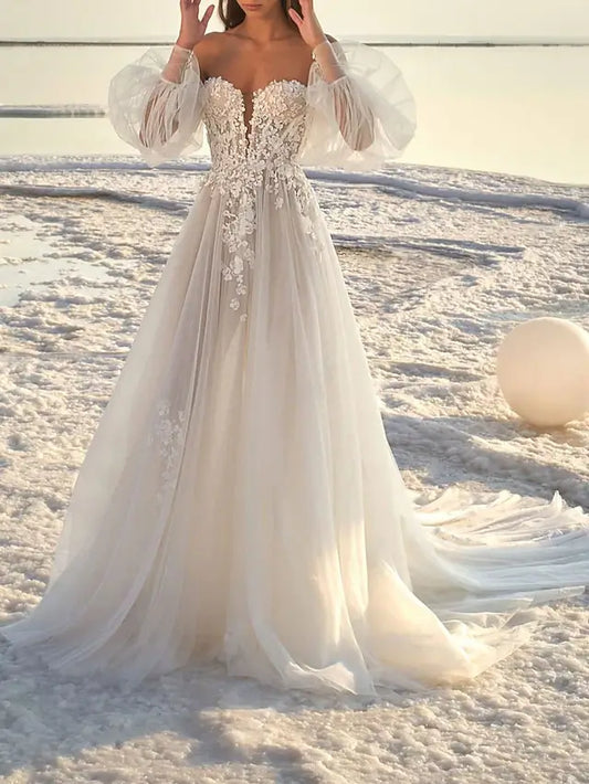 Beach Wedding Beach Formal Wedding Dresses A-Line Off Shoulder Long Sleeve Court Train Lace Bridal Gowns With Appliques