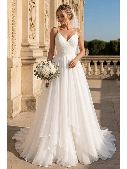 Beach Wedding Casual Simple Wedding Dresses Wedding Dresses Sheath Camisole Sleeveless Court Train Chiffon Bridal Gowns With Pleats