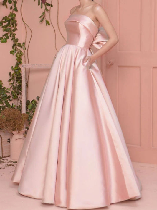 A-Line Floor Length Prom Dresses Elegant Minimalist Sleeveless Strapless Prom Wedding Guest Satin with Pleats