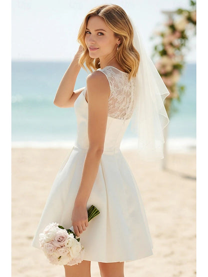 A-Line Mermaid Trumpet Short Mini White Dress Wedding Dresses Bridal Shower Dresses Bridal Gown Elegant Little White Dresses Sleeveless Crew Neck Wedding Graduation Satin Lace with Lace Pleats