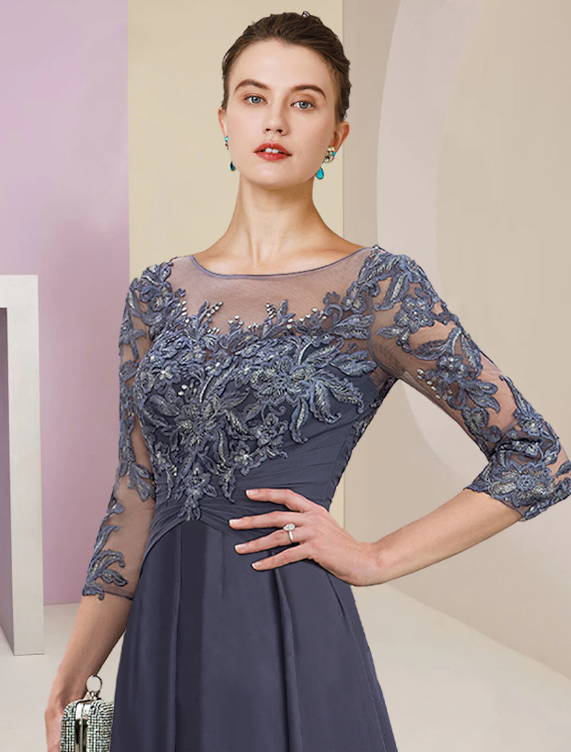 Sheath / Column Mother of the Bride Dress Wedding Guest Elegant Simple Jewel Neck Ankle Length Chiffon Lace 3/4 Length Sleeve with Pleats Sequin
