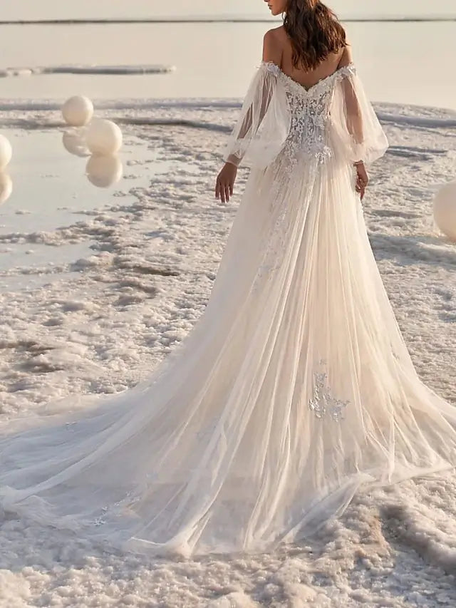Beach Wedding Beach Formal Wedding Dresses A-Line Off Shoulder Long Sleeve Court Train Lace Bridal Gowns With Appliques