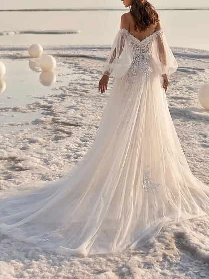 Beach Wedding Beach Formal Wedding Dresses A-Line Off Shoulder Long Sleeve Court Train Lace Bridal Gowns With Appliques