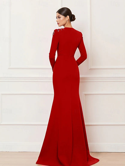Mermaid Trumpet Sweep Brush Train Prom Dresses Evening Gown Ball Gown Formal Dress Elegant Celebrity Style Long Sleeve V Neck Wedding Formal Stretch Crepe with Embroidery