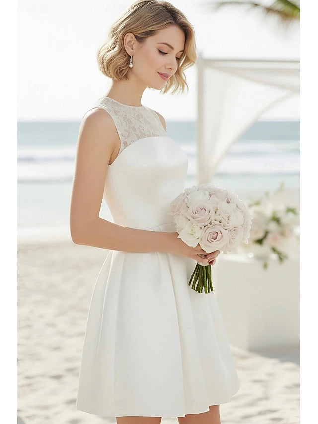 A-Line Mermaid Trumpet Short Mini White Dress Wedding Dresses Bridal Shower Dresses Bridal Gown Elegant Little White Dresses Sleeveless Crew Neck Wedding Graduation Satin Lace with Lace Pleats