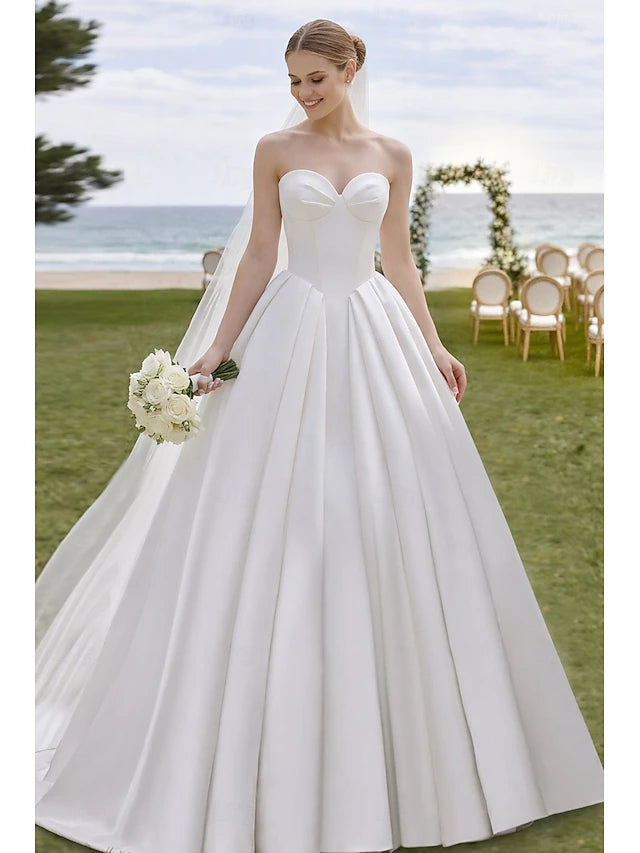 Hall Wedding Dresses A-Line Sweetheart Strapless Sleeveless Court Train Satin Bridal Gowns With Solid Color