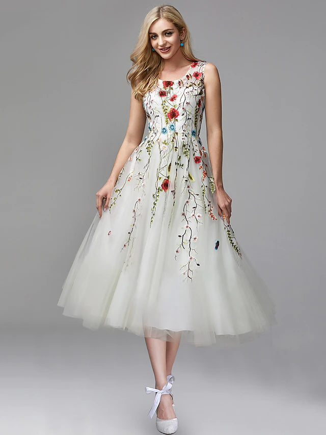 A-Line Tea Length Prom Dresses Floral White Sleeveless V Neck Prom Wedding Guest Lace Tulle with Embroidery Appliques