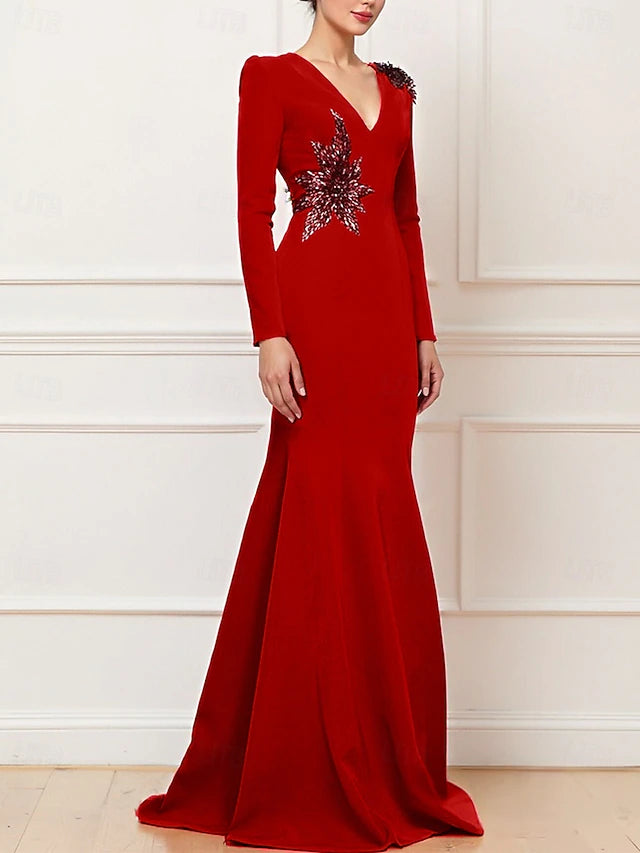 Mermaid Trumpet Sweep Brush Train Prom Dresses Evening Gown Ball Gown Formal Dress Elegant Celebrity Style Long Sleeve V Neck Wedding Formal Stretch Crepe with Embroidery