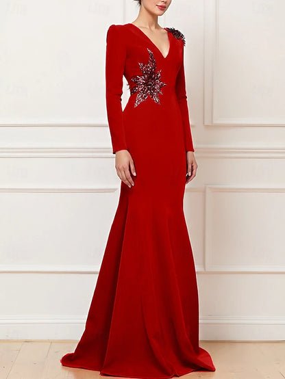 Mermaid Trumpet Sweep Brush Train Prom Dresses Evening Gown Ball Gown Formal Dress Elegant Celebrity Style Long Sleeve V Neck Wedding Formal Stretch Crepe with Embroidery