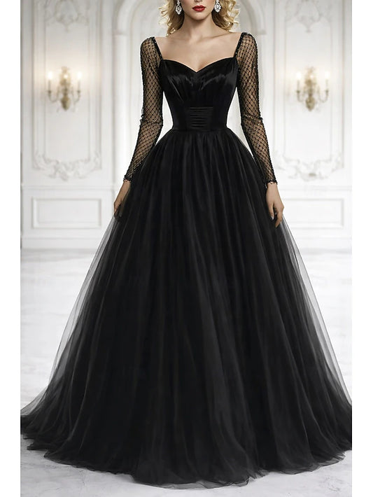 Ball Gown Floor Length Prom Dresses Elegant Vintage Silky Long Sleeve Sweetheart Prom Wedding Satin Tulle with Glitter