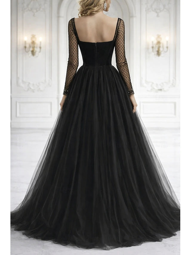 Ball Gown Floor Length Prom Dresses Elegant Vintage Silky Long Sleeve Sweetheart Prom Wedding Satin Tulle with Glitter