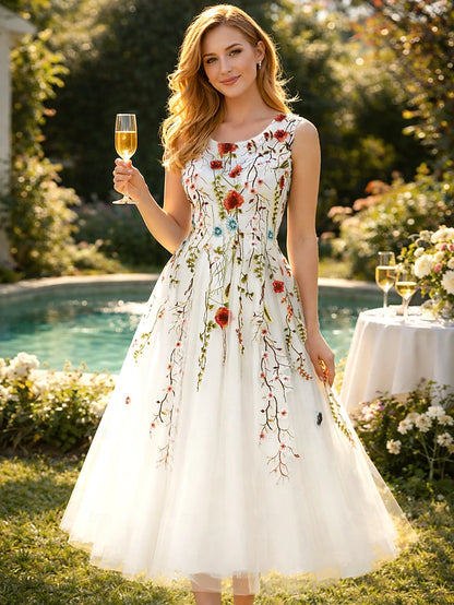 A-Line Tea Length Prom Dresses Floral White Sleeveless V Neck Prom Wedding Guest Lace Tulle with Embroidery Appliques