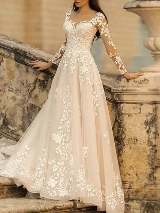 Beach Wedding Beach Formal Wedding Dresses A-Line V Neck Long Sleeve Sweep / Brush Train Lace Bridal Gowns With Flower Solid Color