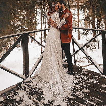 Beach Wedding Beach Open Back Boho Wedding Dresses A-Line V Neck Long Sleeve Court Train Lace Bridal Gowns With Solid Color