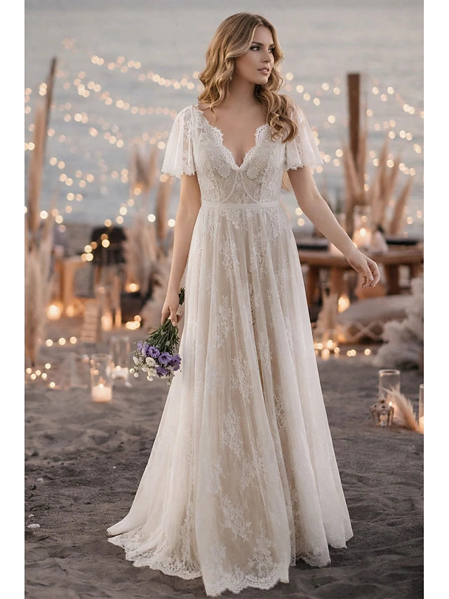 Beach Wedding Beach Sexy Wedding Dresses in Color Boho Wedding Dresses A-Line V Neck Short Sleeve Sweep / Brush Train Lace Bridal Gowns With Sashes / Ribbons Sash / Ribbon