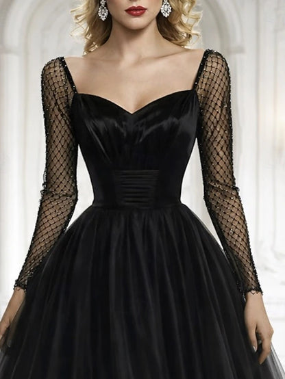 Ball Gown Floor Length Prom Dresses Elegant Vintage Silky Long Sleeve Sweetheart Prom Wedding Satin Tulle with Glitter
