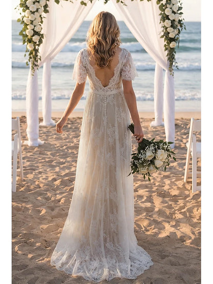 Beach Wedding Beach Sexy Wedding Dresses in Color Boho Wedding Dresses A-Line V Neck Short Sleeve Sweep / Brush Train Lace Bridal Gowns With Sashes / Ribbons Sash / Ribbon