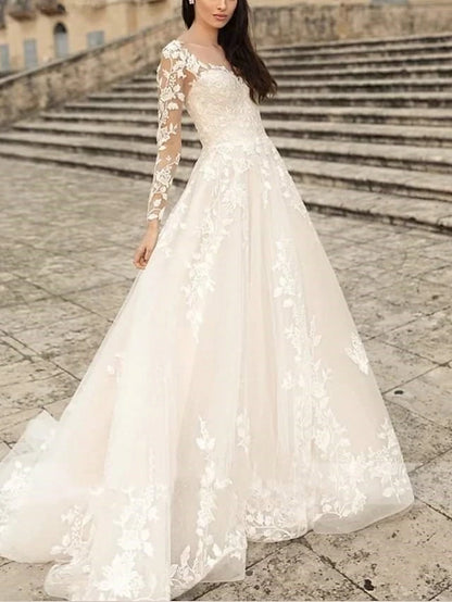 Beach Wedding Beach Formal Wedding Dresses A-Line V Neck Long Sleeve Sweep / Brush Train Lace Bridal Gowns With Flower Solid Color