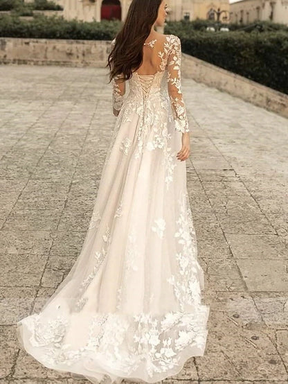 Beach Wedding Beach Formal Wedding Dresses A-Line V Neck Long Sleeve Sweep / Brush Train Lace Bridal Gowns With Flower Solid Color