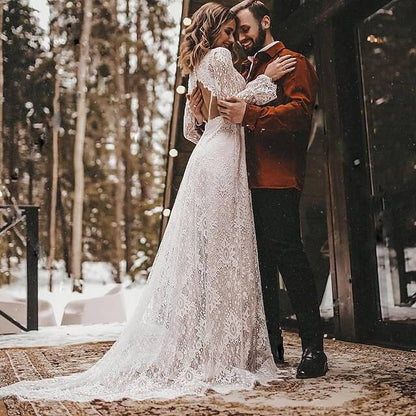 Beach Wedding Beach Open Back Boho Wedding Dresses A-Line V Neck Long Sleeve Court Train Lace Bridal Gowns With Solid Color