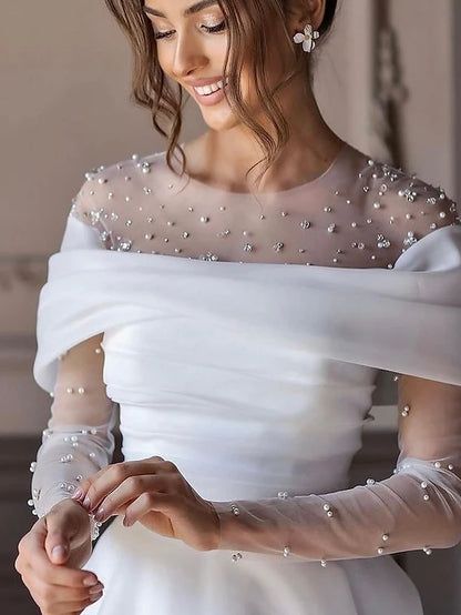 Beach Simple Wedding Dresses Formal Wedding Dresses A-Line Illusion Neck Long Sleeve Floor Length Tulle Bridal Gowns With Ruched Beading