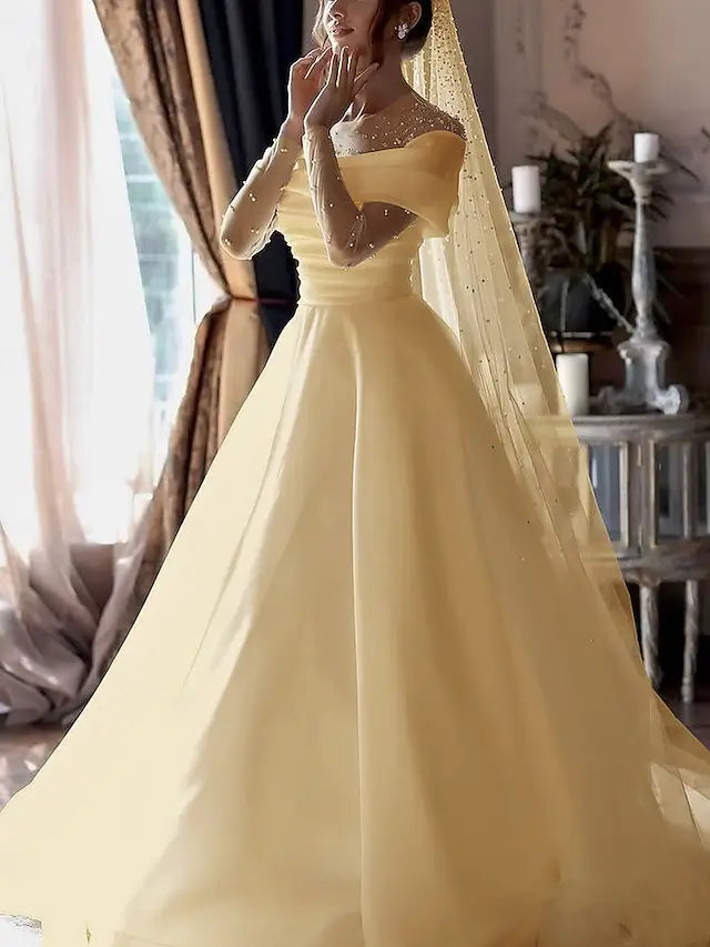 Beach Little White Dresses Formal Wedding Dresses A-Line Illusion Neck Long Sleeve Floor Length Tulle Bridal Gowns With Ruched Beading