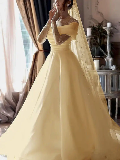 Beach Little White Dresses Formal Wedding Dresses A-Line Illusion Neck Long Sleeve Floor Length Tulle Bridal Gowns With Ruched Beading