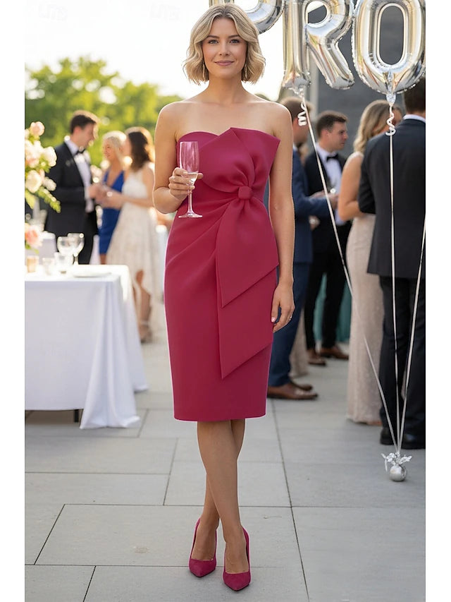 Sheath Column Knee Length Prom Dress Party Dress Cocktail Dress Prom Dresses Elegant Party Sleeveless Strapless Homecoming Cocktail Party Stretch Crepe with Bow(s) Ruched