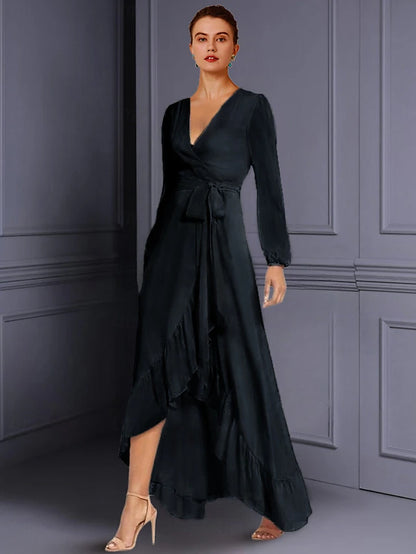 A-Line Mother of the Bride Dress Wedding Guest Elegant High Low V Neck Asymmetrical Tea Length Chiffon Long Sleeve with Ruched Split Front