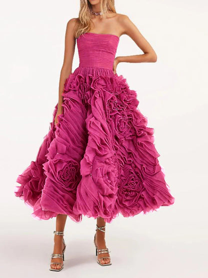 Beach Wedding A-Line Prom Dresses Floral Dress Wedding Guest Quinceanera Ankle Length Sleeveless Strapless Tulle Backless with Ruched