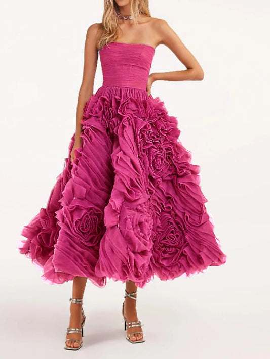 Beach Wedding A-Line Prom Dresses Floral Dress Wedding Guest Quinceanera Ankle Length Sleeveless Strapless Tulle Backless with Ruched