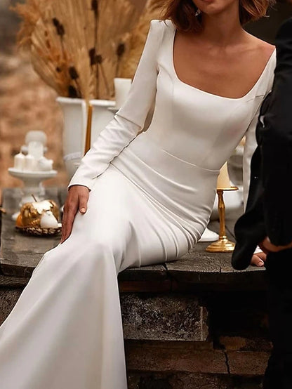 Beach Wedding Reception Open Back Royal Style Simple Wedding Dresses Mermaid/Trumpet Square Neck Long Sleeve Court Train Satin Bridal Gowns With Solid Color Summer