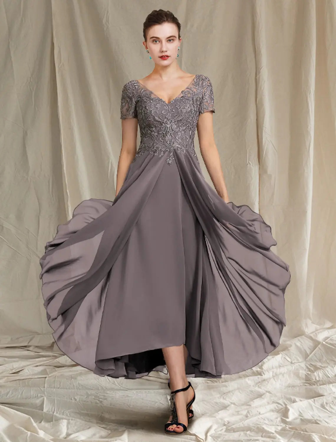 A-Line Lace Dress Mother of the Bride Dress Wedding Guest Elegant Plus Size High Low V Neck Tea Length Chiffon Lace Short Sleeve with Pleats Appliques dress