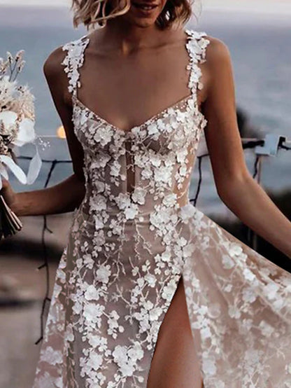 Beach Boho Simple Wedding Dress A-Line Sweetheart Regular Straps Court Train Lace Bridal Gowns With Appliques Split Front