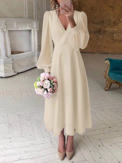 White Ankle-Length Chiffon A-Line Dress with V-Neck and Bishop Sleeves