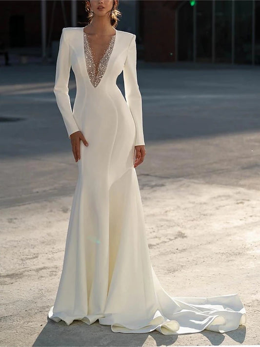 Formal Wedding Dresses Mermaid V Neck Long Sleeve Sweep / Brush Train Chiffon Bridal Gowns With Beading Solid Color