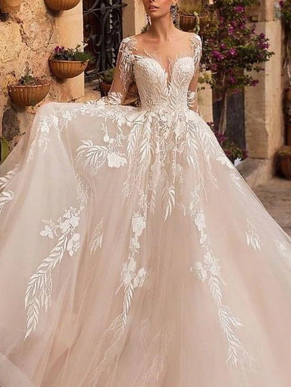 Beach Wedding Formal Wedding Dresses A-Line V Neck Long Sleeve Court Train Tulle Bridal Gowns With Pleats Appliques