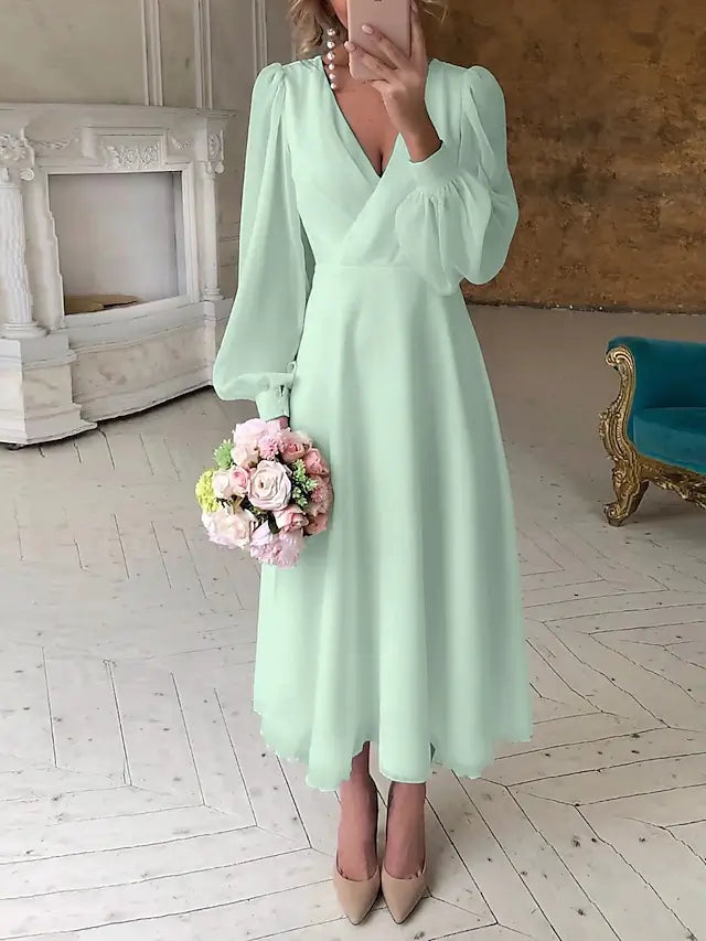 Beach Wedding Reception Little White Dress Bridal Shower Dresses Wedding Dresses A-Line V Neck Long Sleeve Ankle Length Chiffon Bridal Gowns With Solid Color