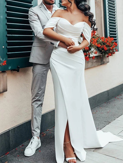 Hall Casual Simple Wedding Dresses Sheath Off Shoulder Cap Sleeve Court Train Satin Bridal Gowns With Ruched Split Front